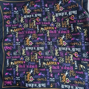 Vibrant Peace Love Rock n’Roll Pattern Bandana Handkerchief in Black and Purple